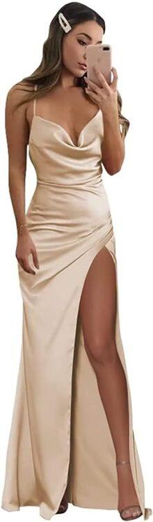 Cowl Neck Satin Dress with Slit | Bridesmaid Dresses for Fall