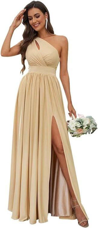 One-Shoulder Pleated Dress with Slit
