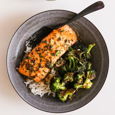 Salmon and Broccoli with Harissa Honey Butter Drizzle