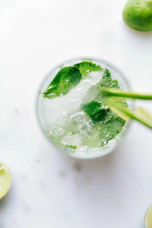 an aerial shot of a virgin mojito, which is one of many great non-alcoholic drinks for summer
