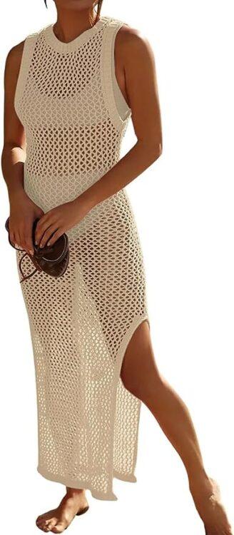 A crochet dress answers the question of what to wear over swimsuit.