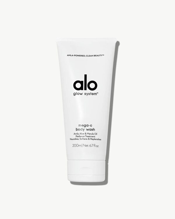 A white squeeze bottle of Alo Glow System Mega-C Body Wash