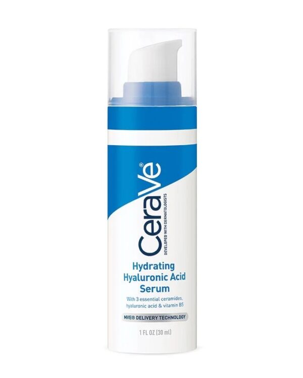 A white and blue bottle of CeraVe Hydrating Hyaluronic Acid Serum