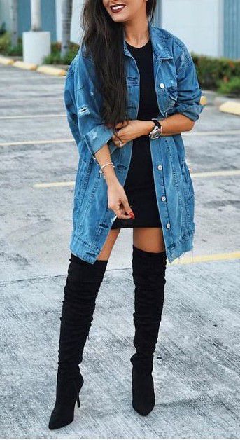 Black dress, jean jacket, and knee-high suede boots