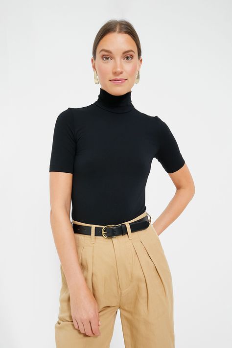 Short sleeve black turtleneck with khaki pants