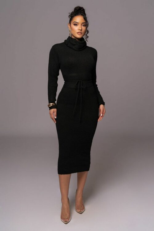 Model wears a black, long sleeve turtleneck dress