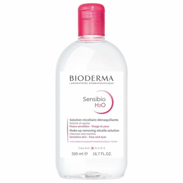 A clear bottle of Bioderma micellar water