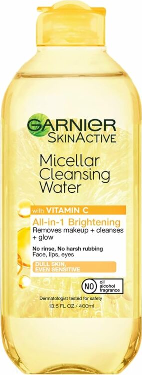 A yellow bottle of Garnier micellar water, an alternative to makeup wipes for skin