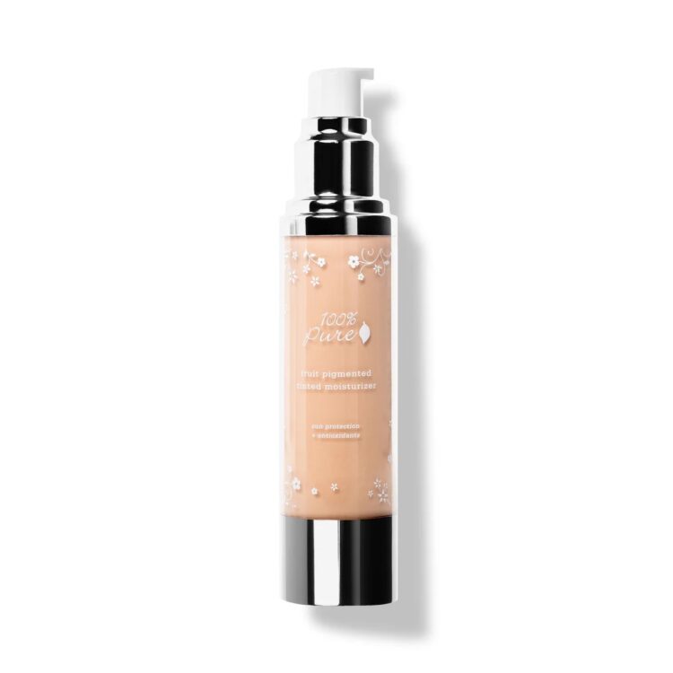 A bottle of 100% Pure Fruit-Pigmented Healthy Foundation, which is a non-toxic foundation