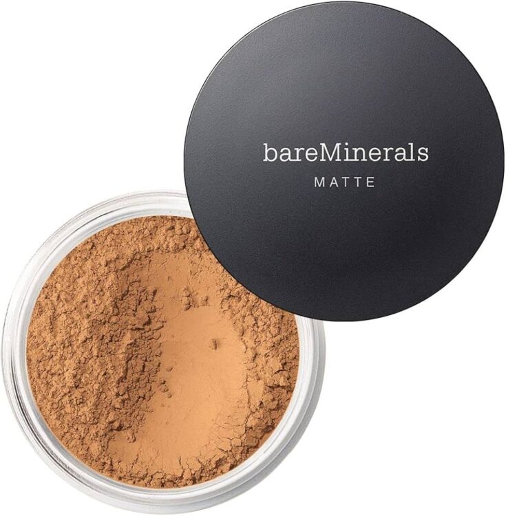 An open BareMinerals Matte Original Loose Powder Foundation in a caramel color