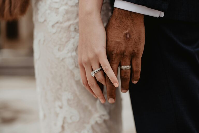 Two people holding hands showing the correct way to wear wedding rings