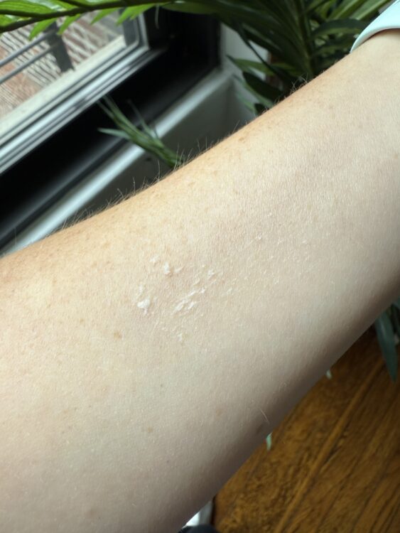 This is about 2-3 swipes of the deodorant on my forearm